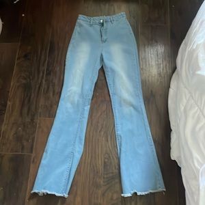 high waisted flared blue jeans